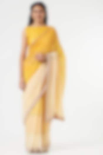 Yellow Silk Chanderi Gota & Crystal Work Saree by Ahmev