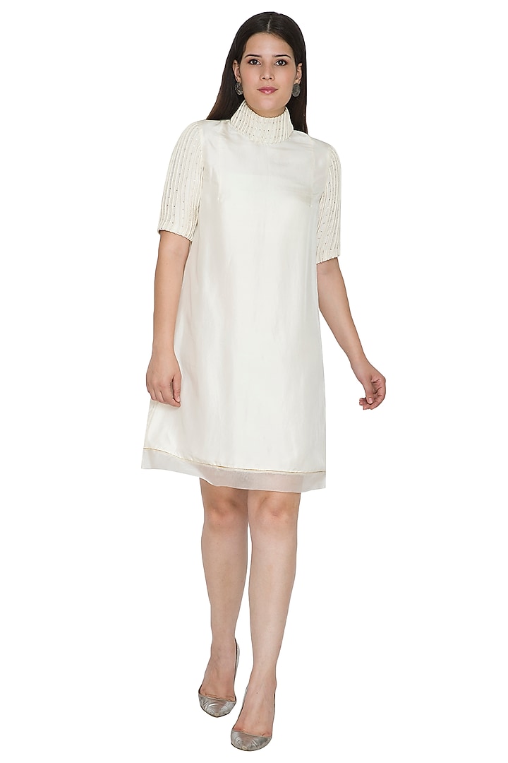 White Embroidered High Neck Dress by Ahmev