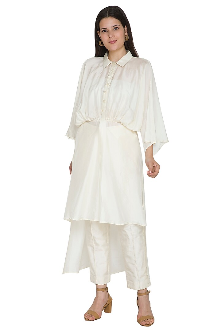 White High-Low Gathered Shirt by Ahmev at Pernia's Pop Up Shop