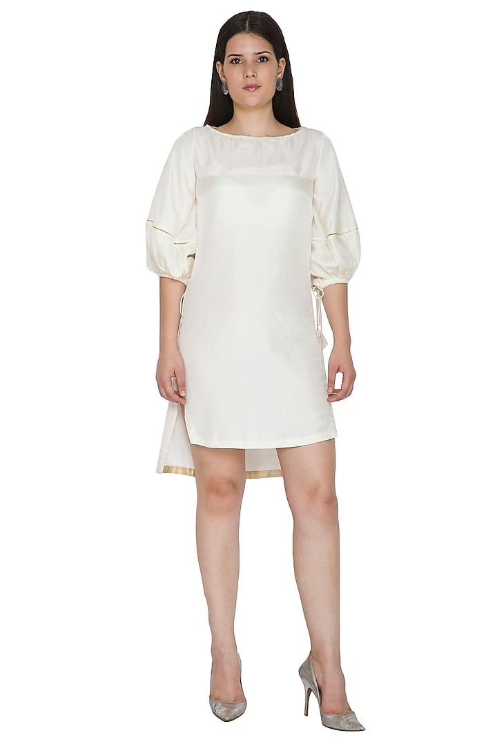 White Embroidered Dress With Drawstring Sleeves by Ahmev