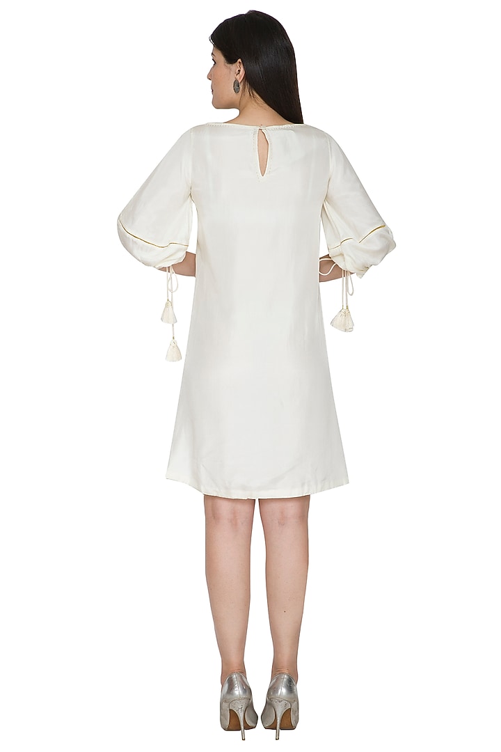 White Embroidered Summer Dress With Drawstring Sleeves by Ahmev at Pernia's Pop Up Shop