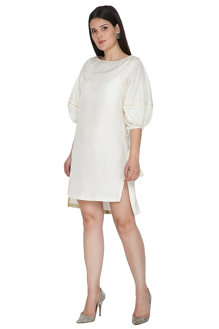 White Embroidered Summer Dress With Drawstring Sleeves by Ahmev at Pernia's Pop Up Shop