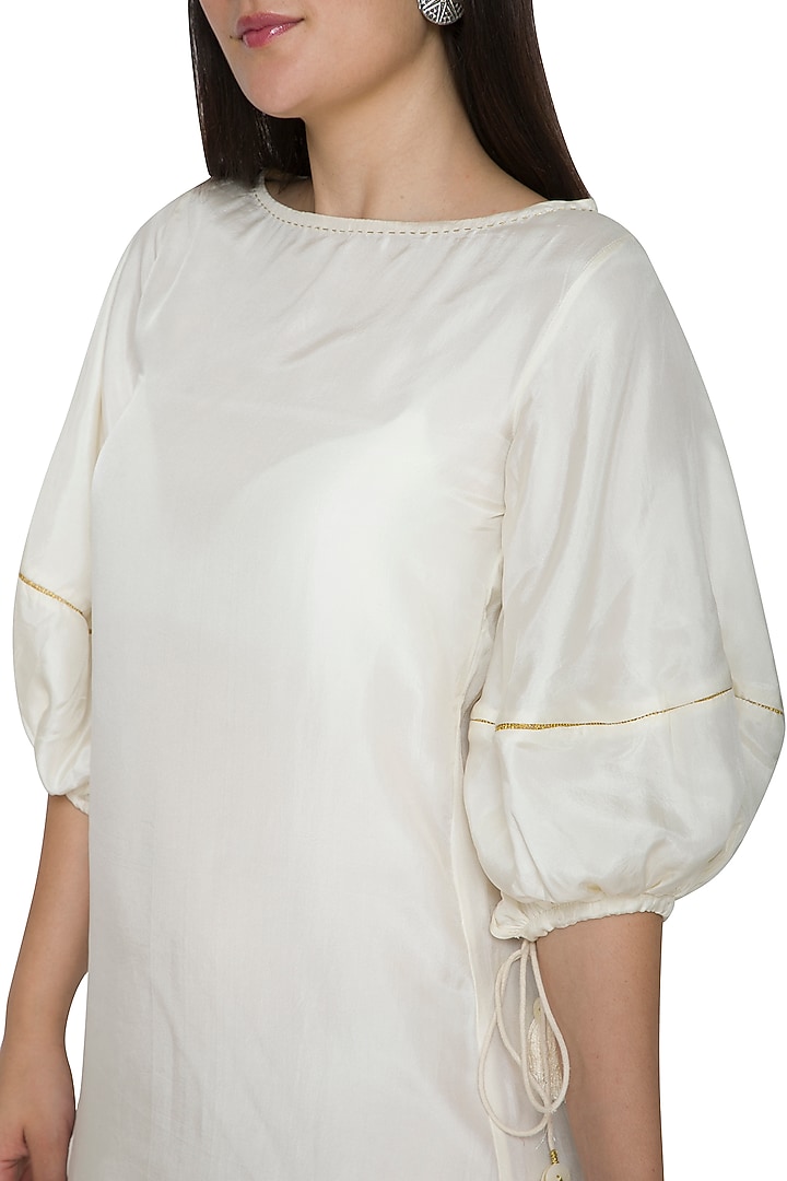 White Embroidered Summer Dress With Drawstring Sleeves by Ahmev at Pernia's Pop Up Shop