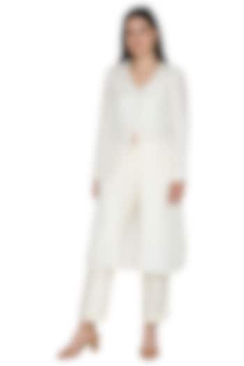 White Embroidered Front Slit Kurta by Ahmev