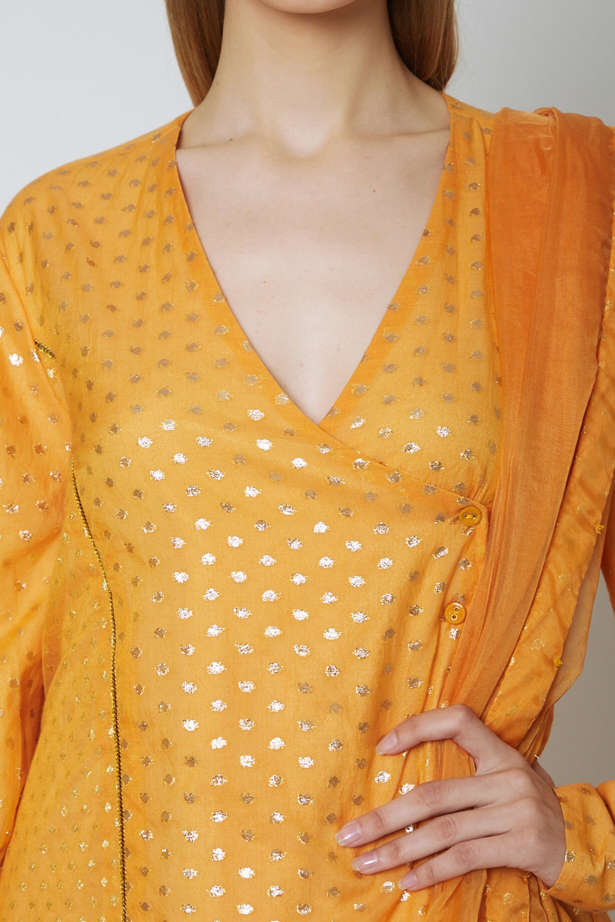 Women Mustard Yellow Angrakha Cotton Kurti Set main image 1