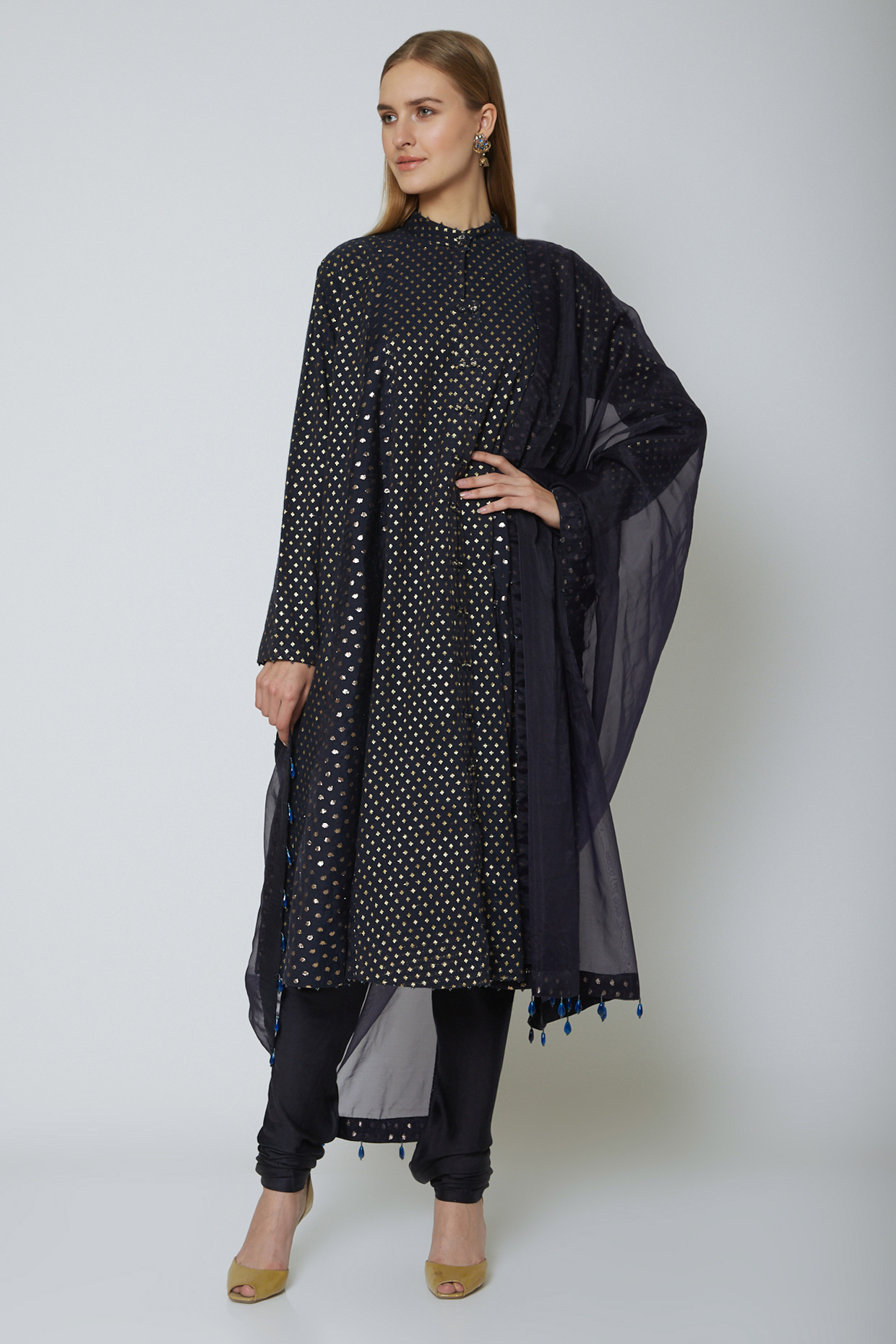 Midnight Blue Panel Kurta Set by Ahmev at Pernia's Pop Up Shop