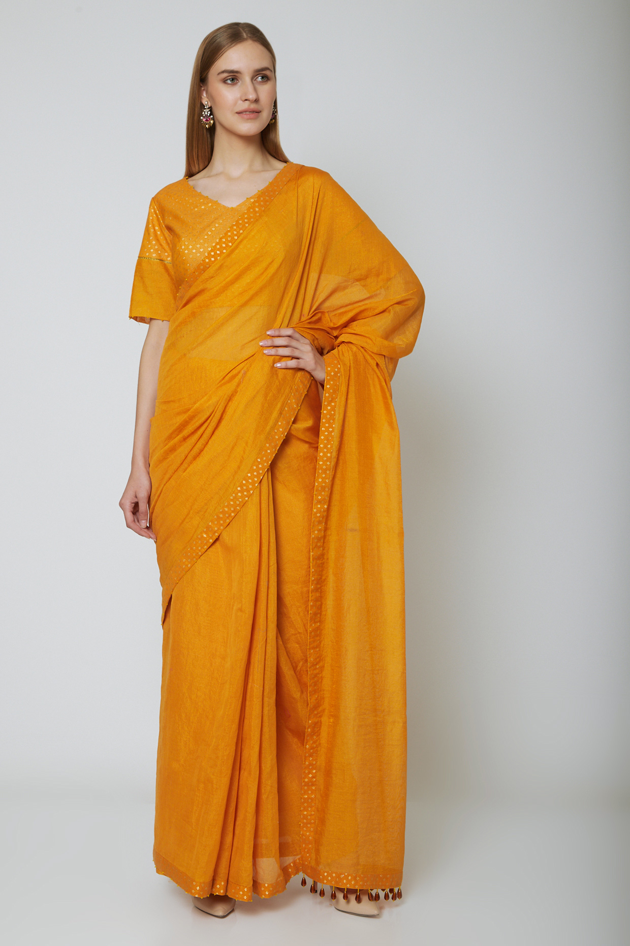 Mustard Yellow Brocade Chanderi Wedding Saree Set by Ahmev at Pernia's Pop Up Shop