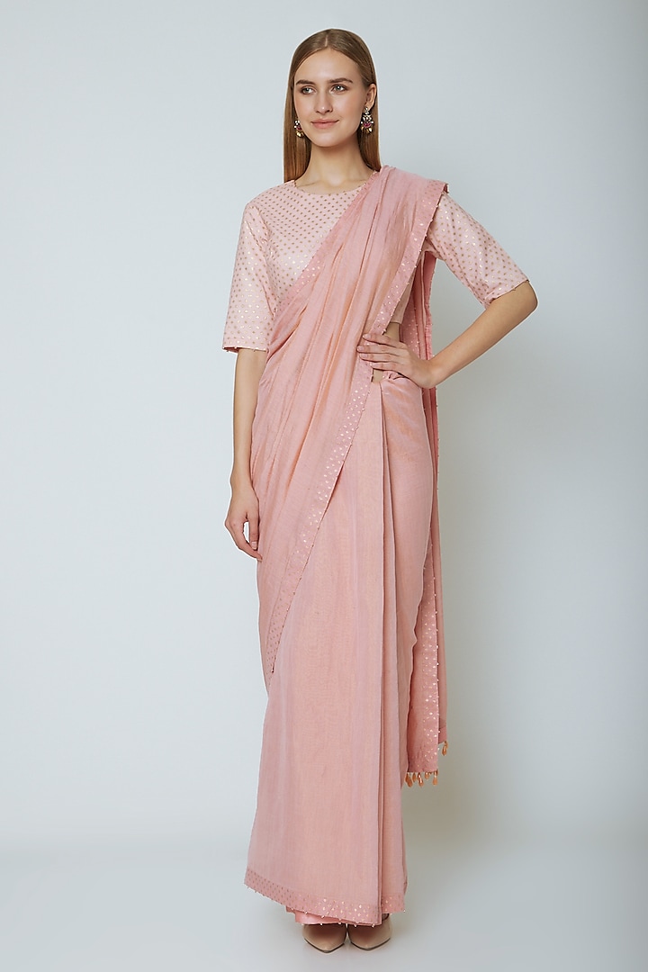 Blush Pink Tissue & Chanderi Saree Set by Ahmev