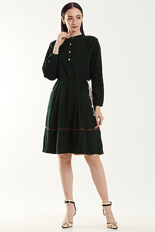Green Wool Pleated Dress by Ahmev