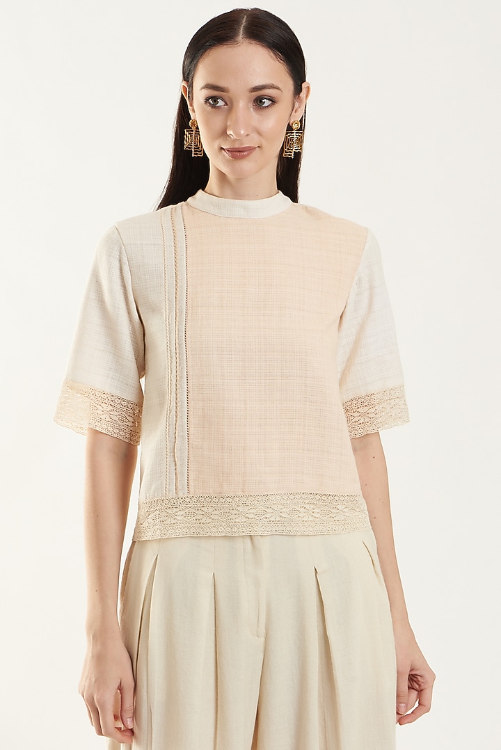 Ivory & Blush Pink Handloom Cotton Top by Ahmev at Pernia's Pop Up Shop