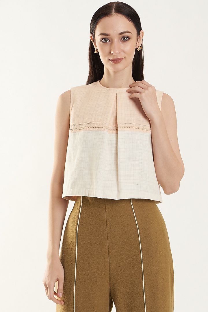 Ivory & BLush Pink Box Pleated Top by Ahmev at Pernia's Pop Up Shop