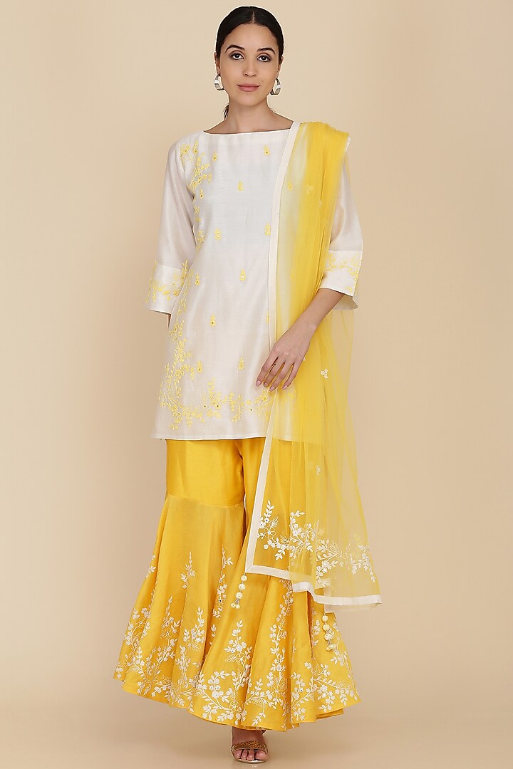 Yellow Chanderi Gharara Set by anju & harleen at Pernia's Pop Up Shop