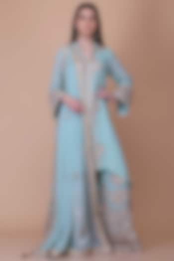 Sky Blue Georgette Embroidered Sharara Set by anju & harleen