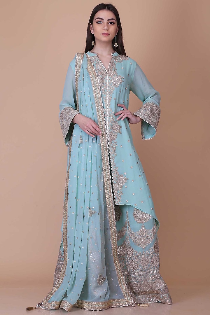 Sky Blue Georgette Embroidered Sharara Set by anju & harleen