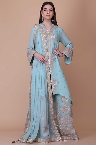 Sky Blue Georgette Embroidered Sharara Set by anju & harleen