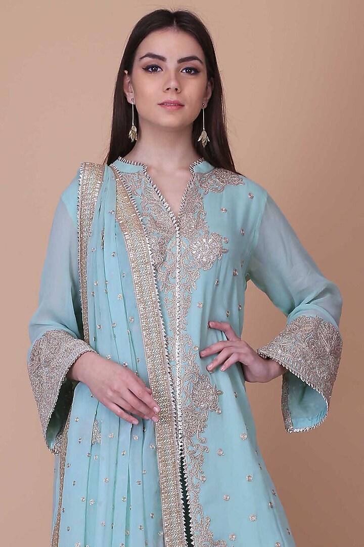 Sky Blue Georgette Embroidered Wedding Sharara Set by anju & harleen at Pernia's Pop Up Shop