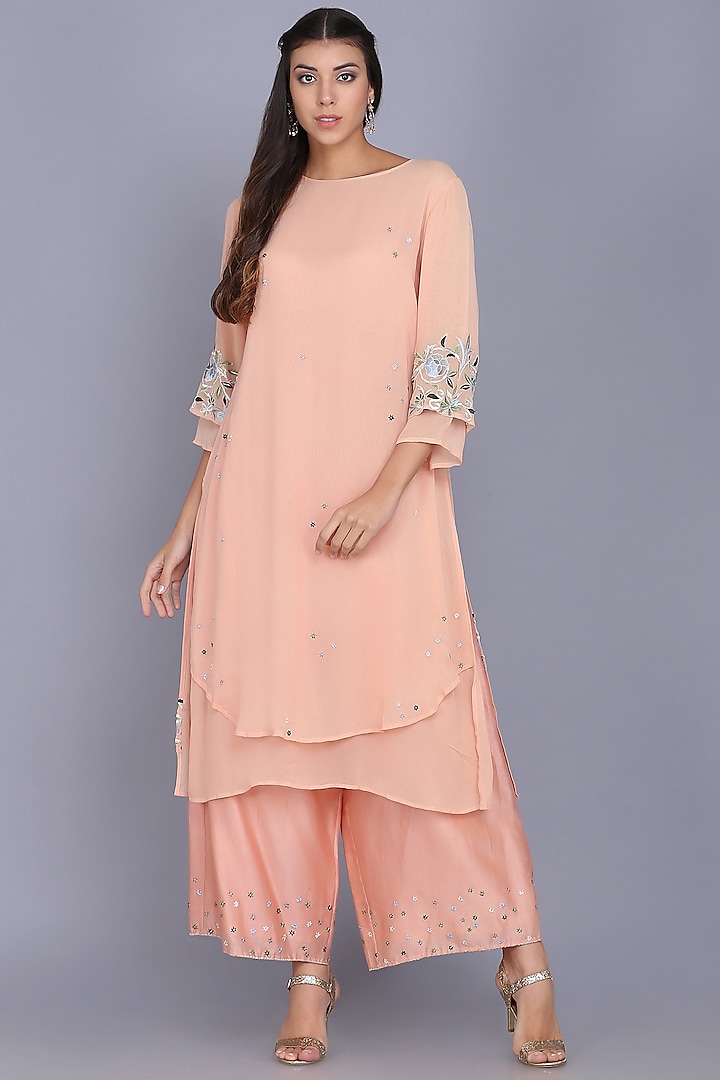 Peach Georgette Embroidered Tunic Set by anju & harleen