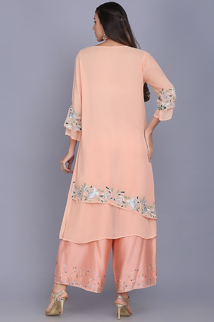 Peach Georgette Embroidered Tunic Set by anju & harleen at Pernia's Pop Up Shop