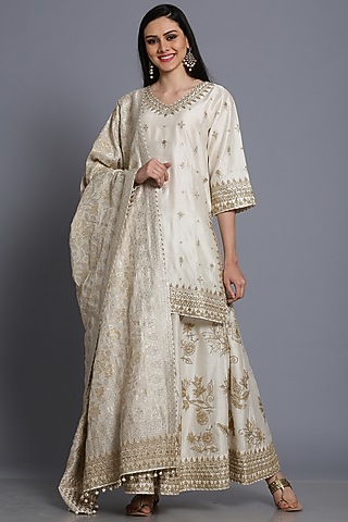 Ivory Chanderi Embroidered Sharara Set by anju & harleen