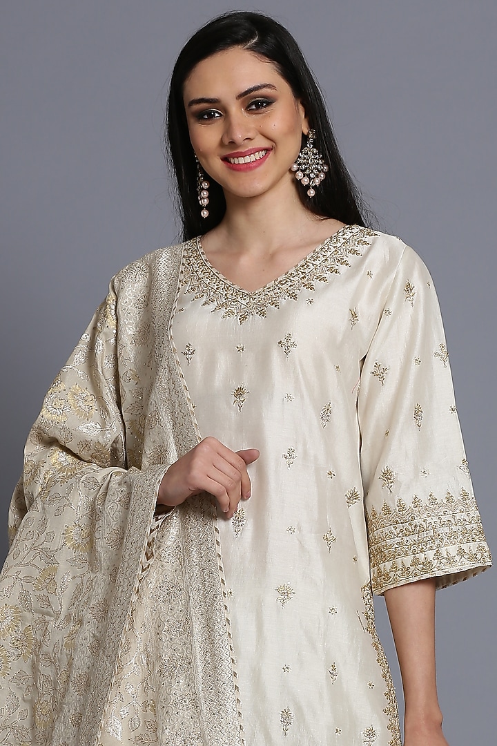 Ivory Chanderi Embroidered Wedding Sharara Set by anju & harleen at Pernia's Pop Up Shop