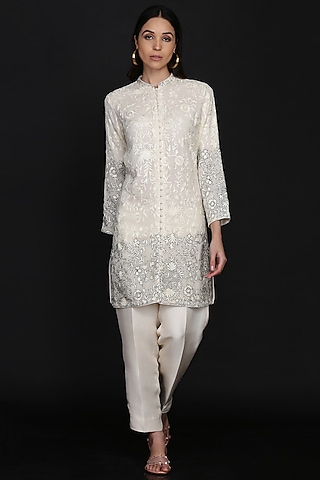 Ivory Chanderi Embroidered Tunic Set by anju & harleen