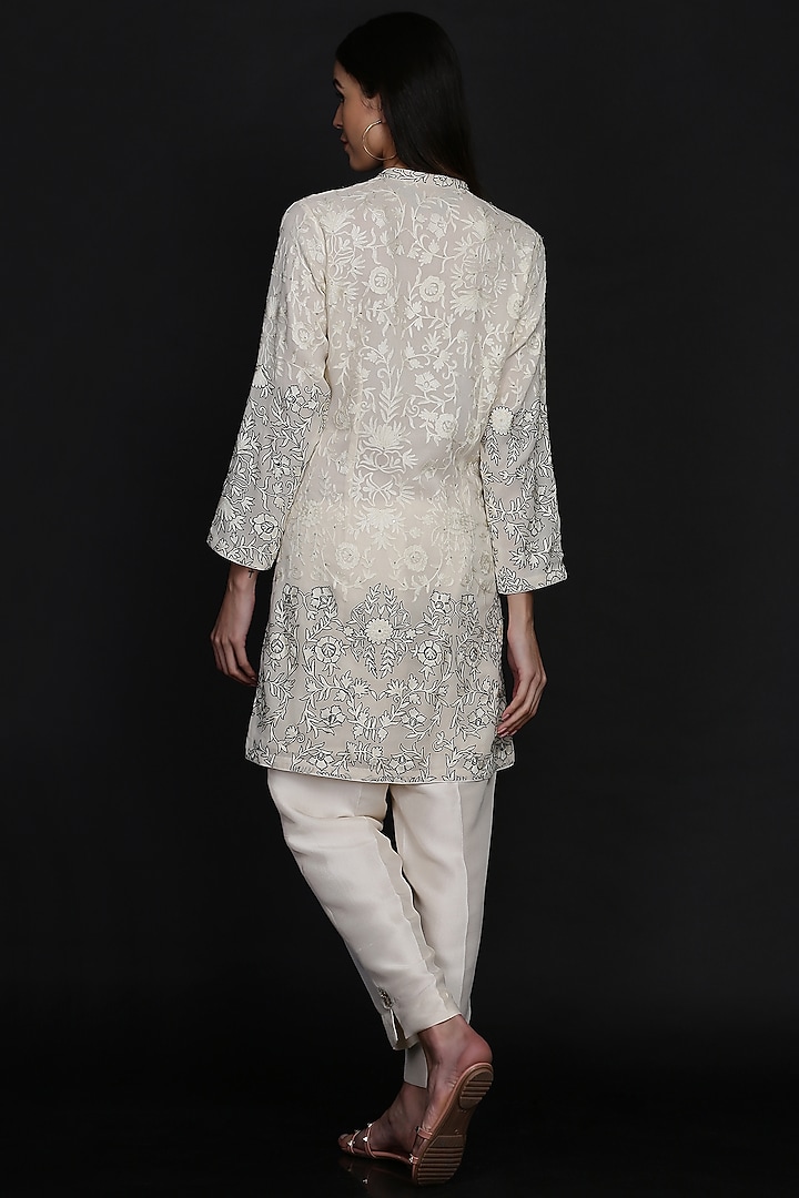 Ivory Chanderi Embroidered Tunic Set by anju & harleen at Pernia's Pop Up Shop