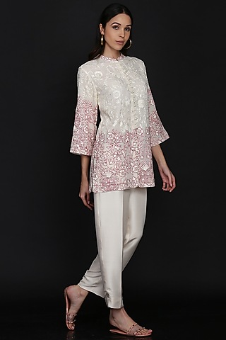 Ivory Chanderi Embroidered Tunic Set by anju & harleen