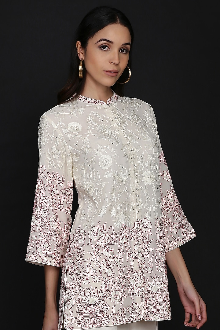 Ivory Chanderi Embroidered Tunic Set by anju & harleen at Pernia's Pop Up Shop