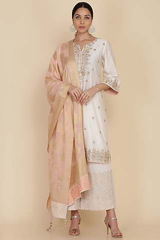Ivory Chanderi Embroidered Tunic Set by anju & harleen
