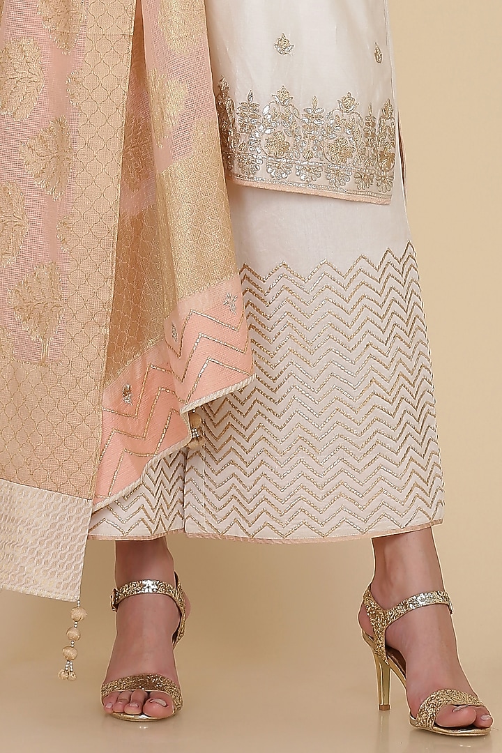 Ivory Chanderi Embroidered Tunic Set by anju & harleen at Pernia's Pop Up Shop
