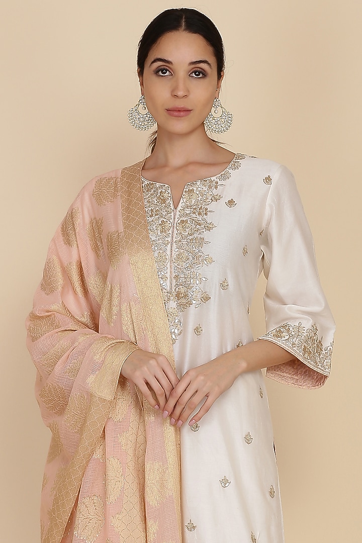 Ivory Chanderi Embroidered Tunic Set by anju & harleen at Pernia's Pop Up Shop