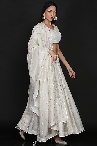 Ivory Chanderi Embroidered Lehenga Set by anju & harleen