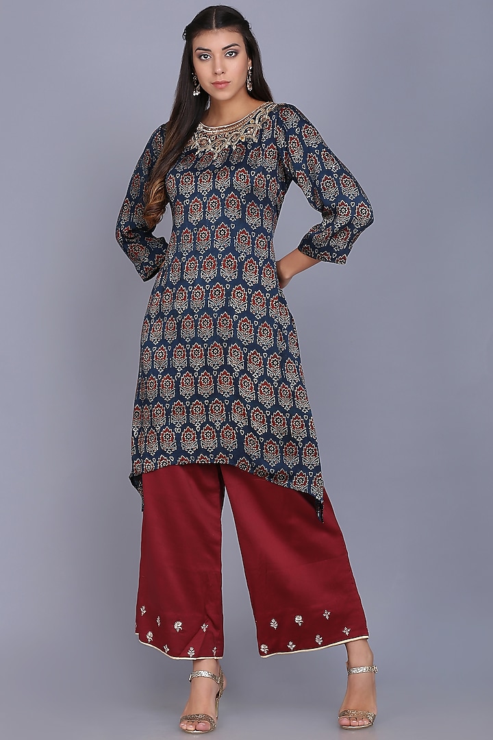 Maroon Chanderi Embroidered Tunic Set by anju & harleen