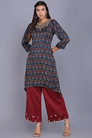 Maroon Chanderi Embroidered Tunic Set by anju & harleen