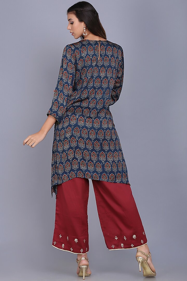 Maroon Chanderi Embroidered Tunic Set by anju & harleen at Pernia's Pop Up Shop