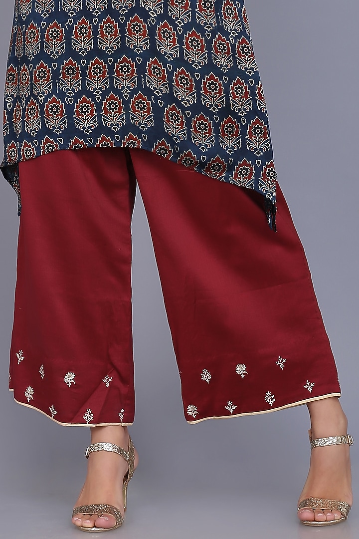 Maroon Chanderi Embroidered Tunic Set by anju & harleen at Pernia's Pop Up Shop
