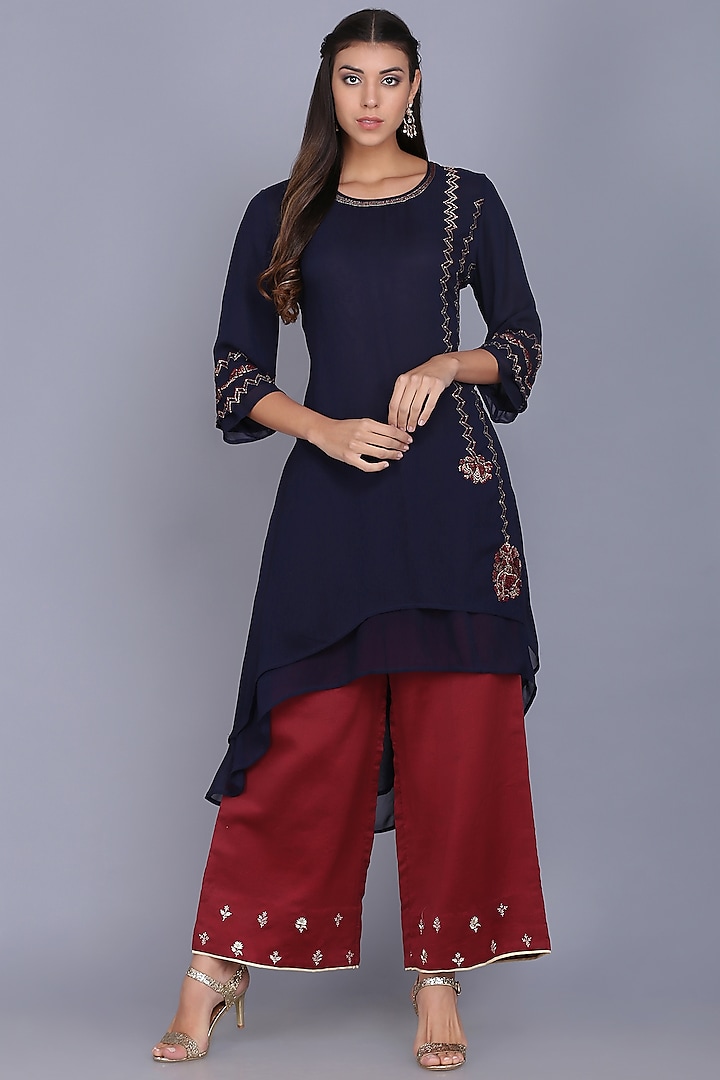 Blue Georgette Embroidered Tunic Set by anju & harleen