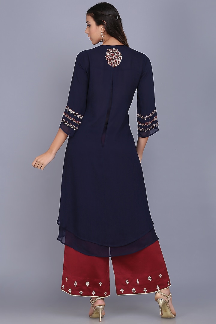 Blue Georgette Embroidered Tunic Set by anju & harleen at Pernia's Pop Up Shop