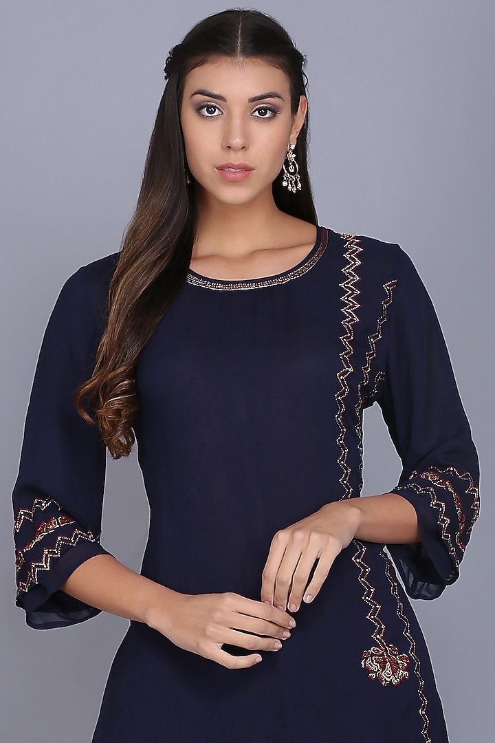 Blue Georgette Embroidered Tunic Set by anju & harleen at Pernia's Pop Up Shop