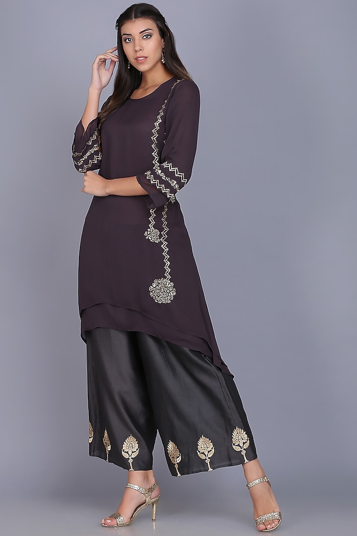 Black Georgette Embroidered Tunic Set by anju & harleen