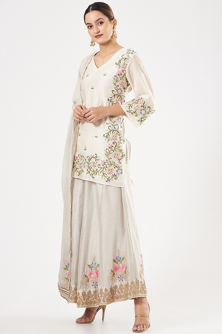 White Silk Embroidered Sharara Set by anju & harleen