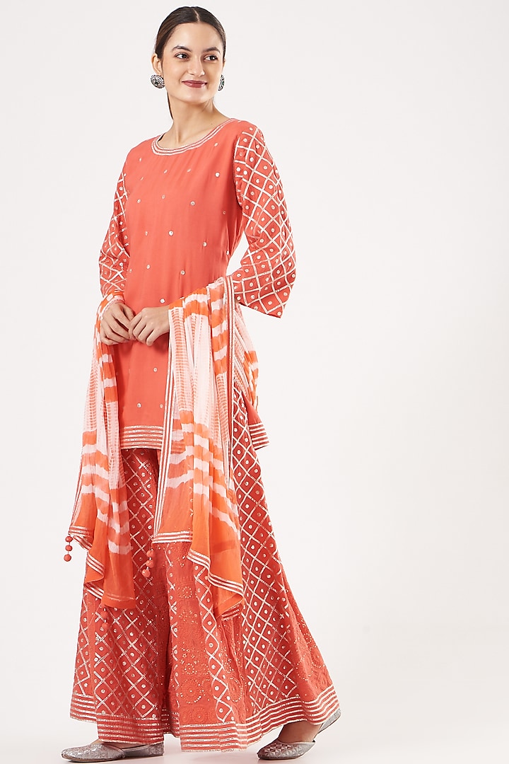 Orange Chanderi Embroidered Sharara Set by anju & harleen