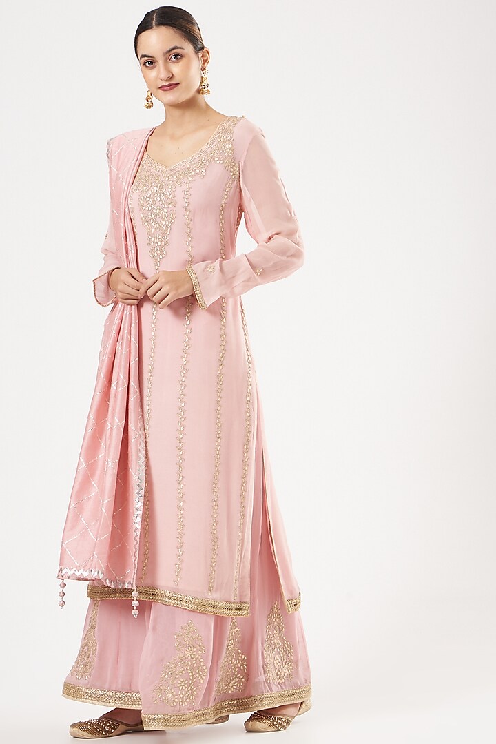 Light Pink Silk Embroidered Sharara Set by anju & harleen