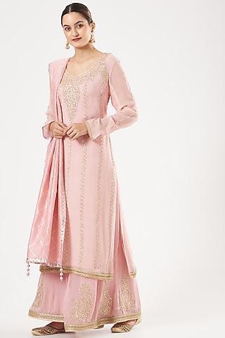 Light Pink Silk Embroidered Sharara Set by anju & harleen