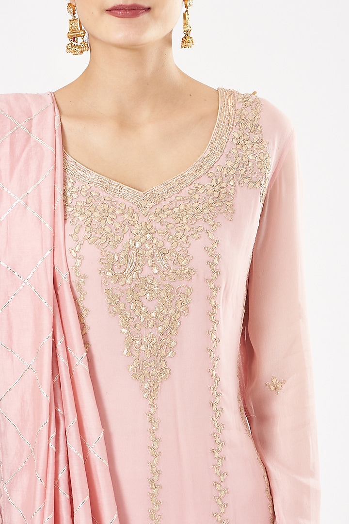 Light Pink Silk Embroidered Wedding Sharara Set by anju & harleen at Pernia's Pop Up Shop