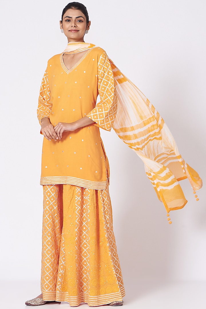 Orange Embroidered Sharara Set by anju & harleen