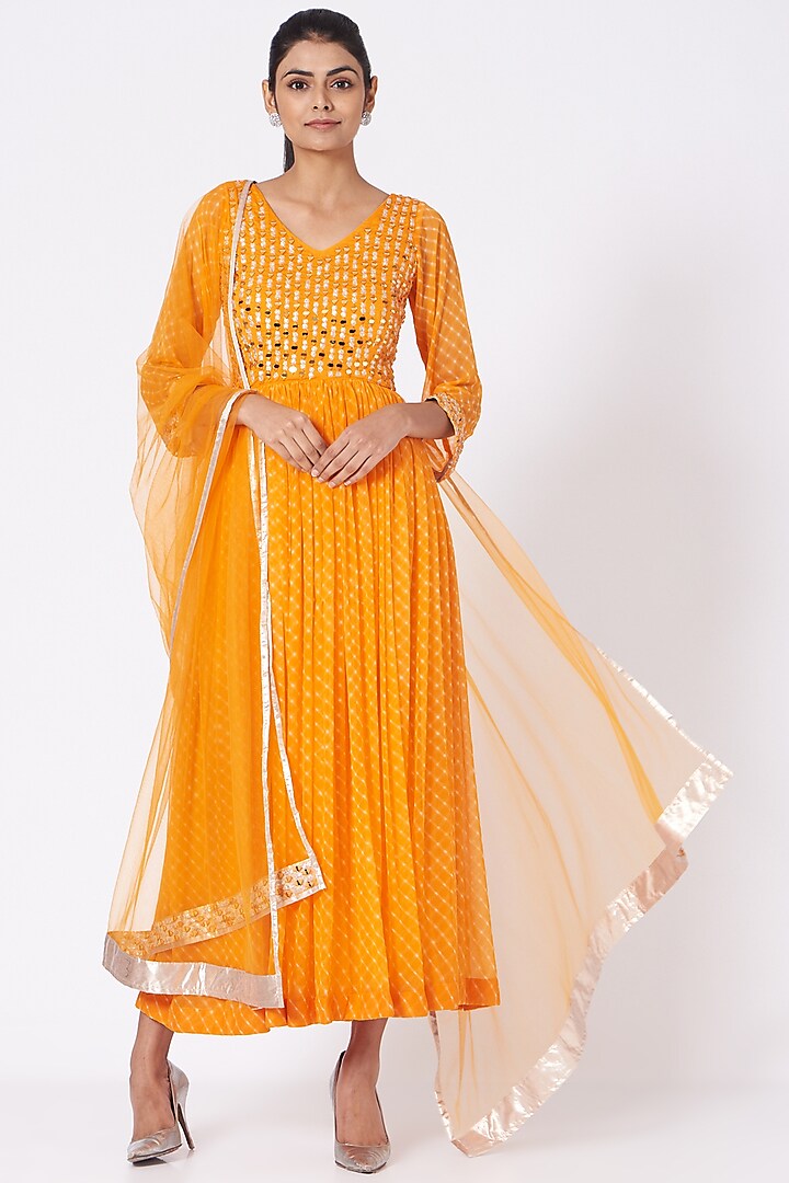 Orange Embroidered Anarkali Set by anju & harleen