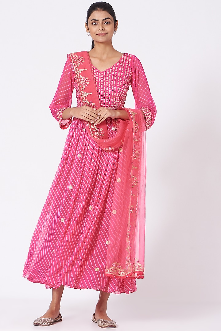 Pink Embroidered Anarkali Set by anju & harleen