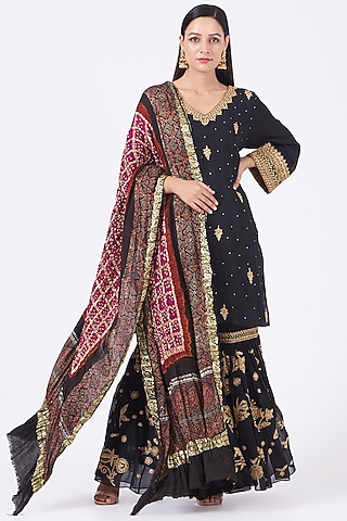 Black Zari Embroidered Sharara Set by anju & harleen