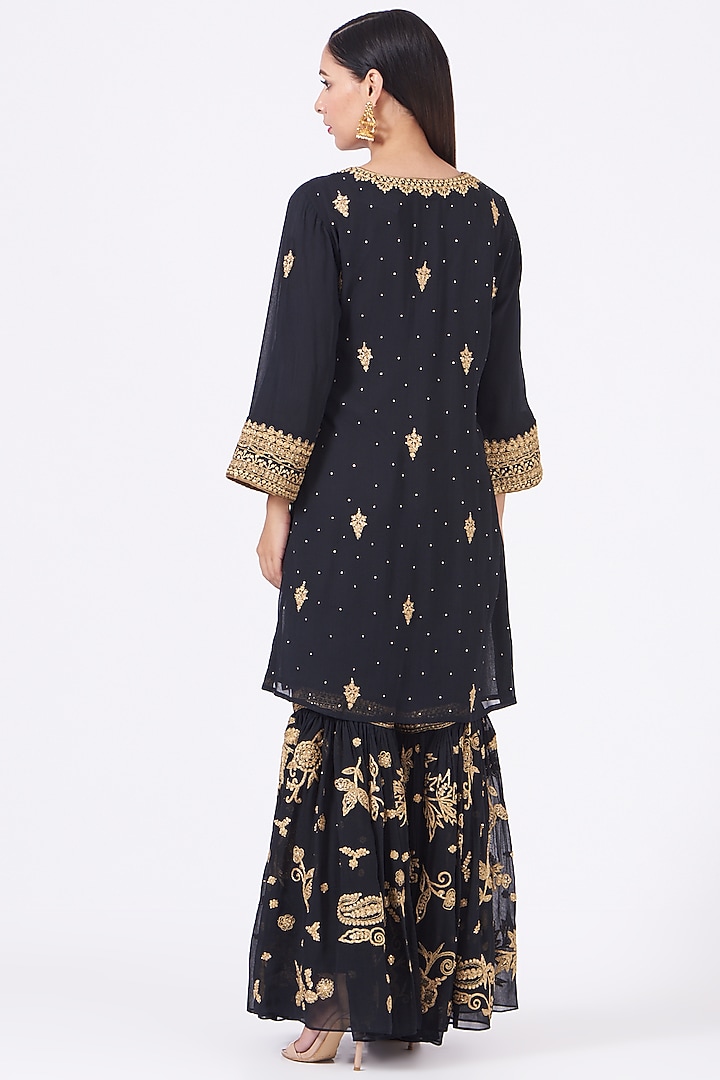 Black Zari Embroidered Wedding Sharara Set by anju & harleen at Pernia's Pop Up Shop